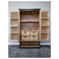 Rustic 2 Shutter Door Solid Black And Light Fir Wood Bar Drinks Cabinet With Open Wine Storage 143cm