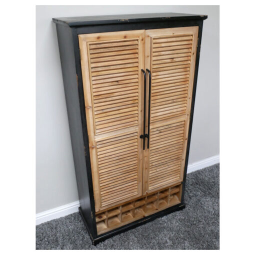 Rustic 2 Shutter Door Solid Black And Light Fir Wood Bar Drinks Cabinet With Open Wine Storage 143cm