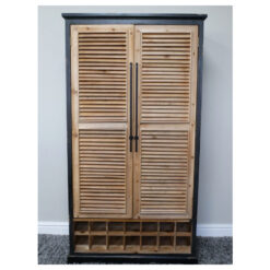 Rustic 2 Shutter Door Solid Black And Light Fir Wood Bar Drinks Cabinet With Open Wine Storage 143cm