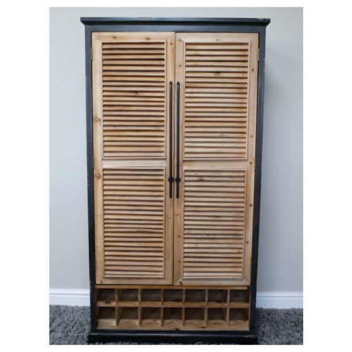 Rustic 2 Shutter Door Solid Black And Light Fir Wood Bar Drinks Cabinet With Open Wine Storage 143cm