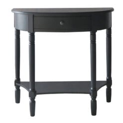 Rustic Black Pine Wood 2 Tier 1 Drawer Slim Half Moon Console Table With Carved Legs