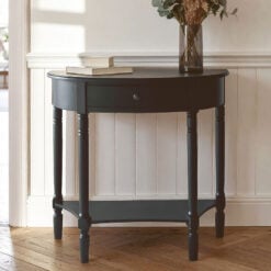 Rustic Black Pine Wood 2 Tier 1 Drawer Slim Half Moon Console Table With Carved Legs