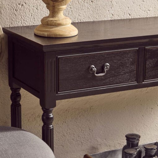 Rustic Black Pine Wood 2 Tier 3 Drawer Console Table Hallway Table With Carved Legs 106cm