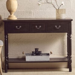 Rustic Black Pine Wood 2 Tier 3 Drawer Console Table Hallway Table With Carved Legs 106cm