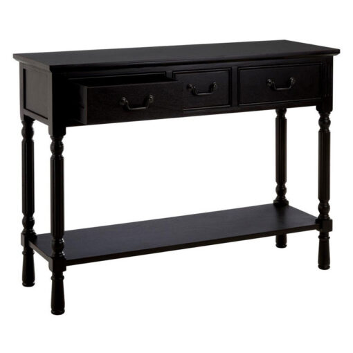 Rustic Black Pine Wood 2 Tier 3 Drawer Console Table Hallway Table With Carved Legs 106cm