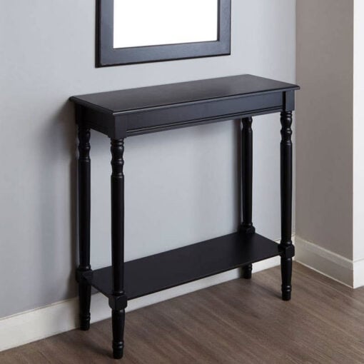 Rustic Black Pine Wood 2 Tier Slim Narrow Console Table Hallway Table With Carved Legs 80cm