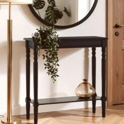 Rustic Black Pine Wood 2 Tier Slim Narrow Console Table Hallway Table With Carved Legs 80cm