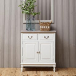 Rustic Country Cottage White Solid Wood 2 Drawer 2 Door Carved Sideboard Cabinet