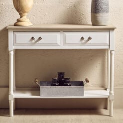 Rustic Country Cottage White Solid Wood 2 Drawer 2 Tier Slim Console Table 91cm