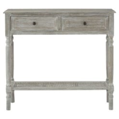 Rustic Grey Wash Distressed Pine 2 Drawer 2 Tier Console Table With Rattan Lower Shelf 91cm