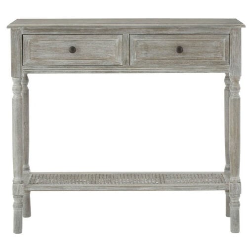 Rustic Grey Wash Distressed Pine 2 Drawer 2 Tier Console Table With Rattan Lower Shelf 91cm
