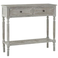 Rustic Grey Wash Distressed Pine 2 Drawer 2 Tier Console Table With Rattan Lower Shelf 91cm