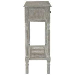 Rustic Grey Wash Distressed Pine 2 Drawer 2 Tier Console Table With Rattan Lower Shelf 91cm