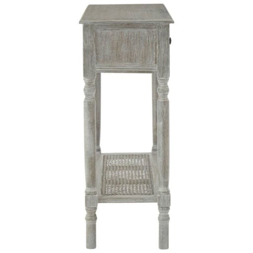Rustic Grey Wash Distressed Pine 2 Drawer 2 Tier Console Table With Rattan Lower Shelf 91cm