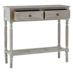 Rustic Grey Wash Distressed Pine 2 Drawer 2 Tier Console Table With Rattan Lower Shelf 91cm