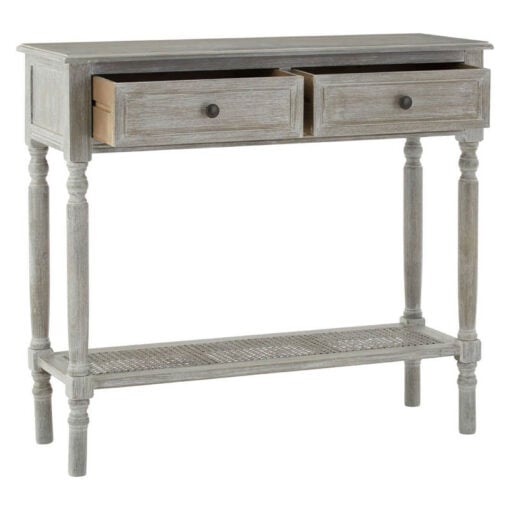 Rustic Grey Wash Distressed Pine 2 Drawer 2 Tier Console Table With Rattan Lower Shelf 91cm