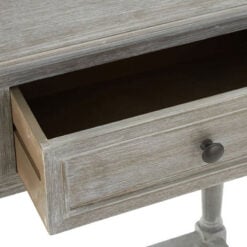 Rustic Grey Wash Distressed Pine 2 Drawer 2 Tier Console Table With Rattan Lower Shelf 91cm