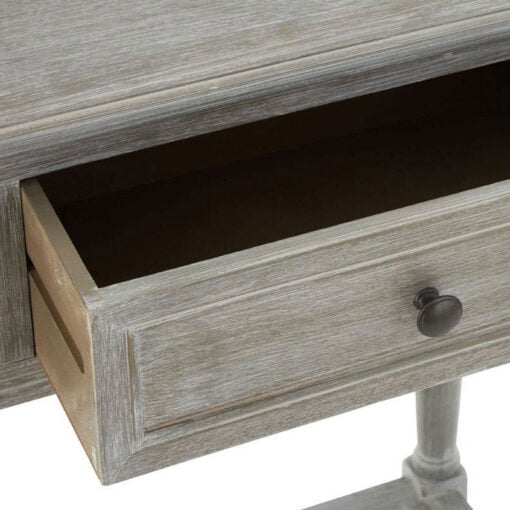 Rustic Grey Wash Distressed Pine 2 Drawer 2 Tier Console Table With Rattan Lower Shelf 91cm