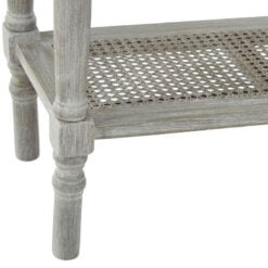 Rustic Grey Wash Distressed Pine 2 Drawer 2 Tier Console Table With Rattan Lower Shelf 91cm