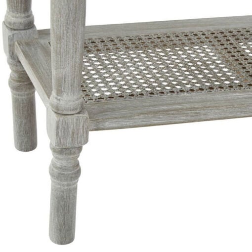 Rustic Grey Wash Distressed Pine 2 Drawer 2 Tier Console Table With Rattan Lower Shelf 91cm