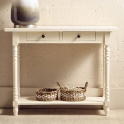 Rustic Ivory White Pine Wood 2 Tier 2 Drawer Slim Console Table With Turned Legs