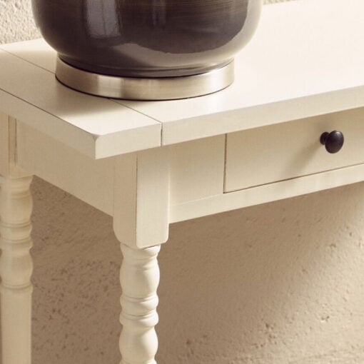 Rustic Ivory White Pine Wood 2 Tier 2 Drawer Slim Console Table With Turned Legs