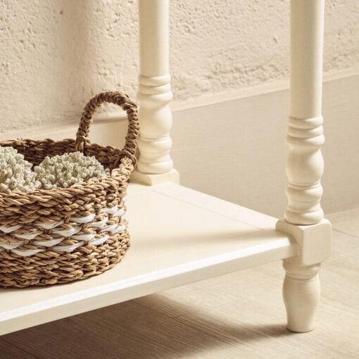 Rustic Ivory White Pine Wood 2 Tier 2 Drawer Slim Console Table With Turned Legs