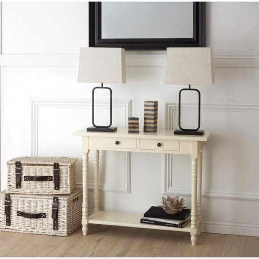 Rustic Ivory White Pine Wood 2 Tier 2 Drawer Slim Console Table With Turned Legs