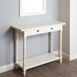 Rustic Ivory White Pine Wood 2 Tier 2 Drawer Slim Console Table With Turned Legs