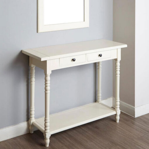 Rustic Ivory White Pine Wood 2 Tier 2 Drawer Slim Console Table With Turned Legs