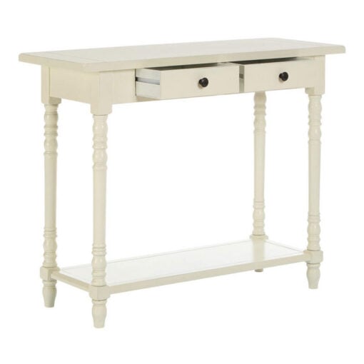 Rustic Ivory White Pine Wood 2 Tier 2 Drawer Slim Console Table With Turned Legs