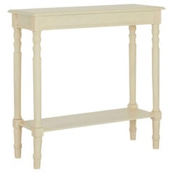 Rustic Ivory White Pine Wood 2 Tier Slim Narrow Console Table Hallway Table With Carved Legs 80cm