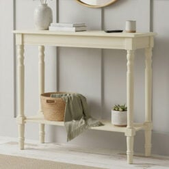 Rustic Ivory White Pine Wood 2 Tier Slim Narrow Console Table Hallway Table With Carved Legs 80cm