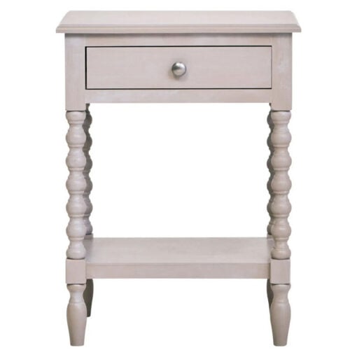 Rustic Light Grey Taupe Pine Wood 2 Tier 1 Drawer Bedside Cabinet Side Table With Turned Bobbin Legs