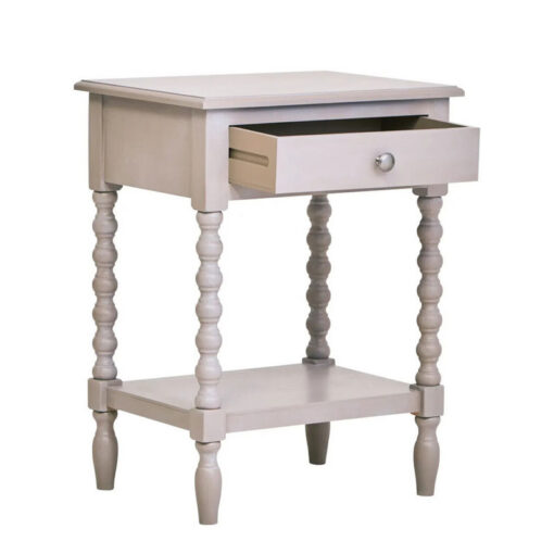 Rustic Light Grey Taupe Pine Wood 2 Tier 1 Drawer Bedside Cabinet Side Table With Turned Bobbin Legs