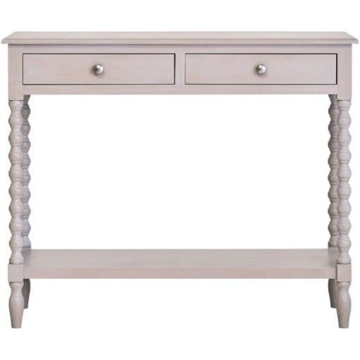 Rustic Light Grey Taupe Pine Wood 2 Tier 2 Drawer Slim Console Table With Turned Bobbin Legs