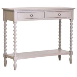 Rustic Light Grey Taupe Pine Wood 2 Tier 2 Drawer Slim Console Table With Turned Bobbin Legs