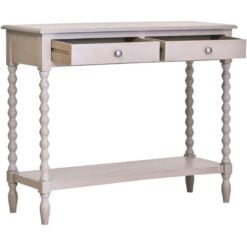 Rustic Light Grey Taupe Pine Wood 2 Tier 2 Drawer Slim Console Table With Turned Bobbin Legs