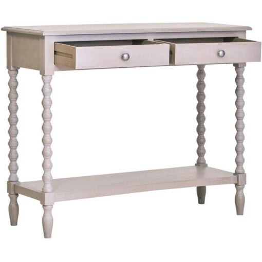 Rustic Light Grey Taupe Pine Wood 2 Tier 2 Drawer Slim Console Table With Turned Bobbin Legs