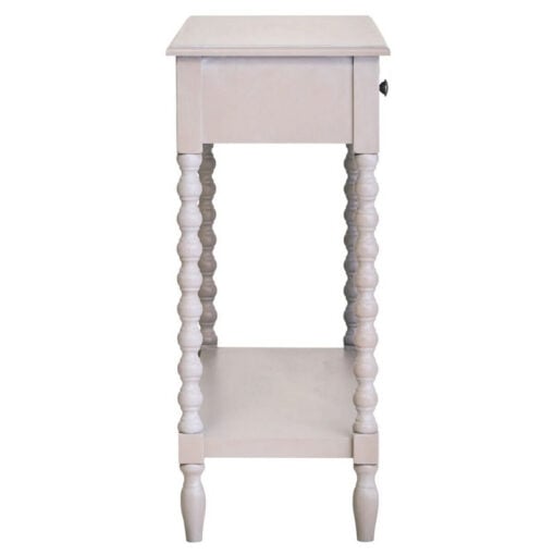 Rustic Light Grey Taupe Pine Wood 2 Tier 2 Drawer Slim Console Table With Turned Bobbin Legs
