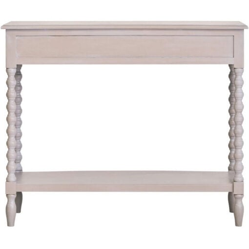 Rustic Light Grey Taupe Pine Wood 2 Tier 2 Drawer Slim Console Table With Turned Bobbin Legs
