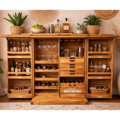 Rustic Solid Light Fir Wood 2 Shutter Door Bar Cabinet Drinks Cabinet 123cm