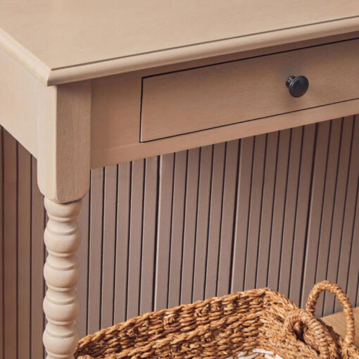 Rustic Taupe Pine Wood 2 Drawer Console Table Desk Dressing Table With Carved Legs 107cm