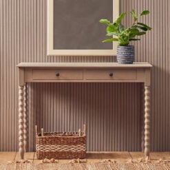 Rustic Taupe Pine Wood 2 Drawer Console Table Desk Dressing Table With Carved Legs 107cm