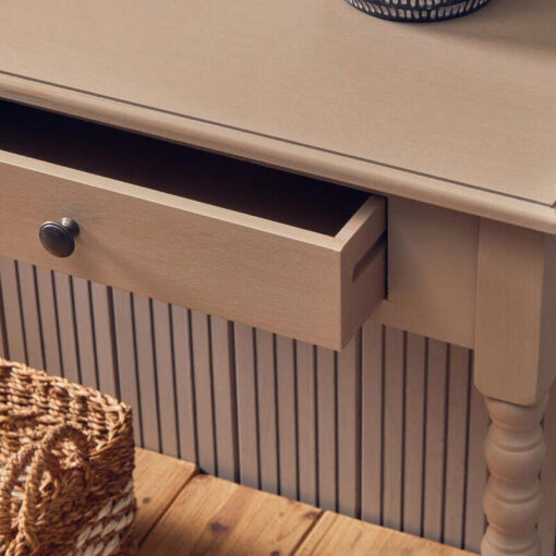 Rustic Taupe Pine Wood 2 Drawer Console Table Desk Dressing Table With Carved Legs 107cm