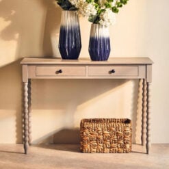 Rustic Taupe Pine Wood 2 Drawer Console Table Desk Dressing Table With Carved Legs 107cm
