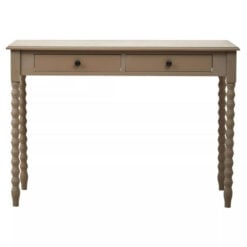 Rustic Taupe Pine Wood 2 Drawer Console Table Desk Dressing Table With Carved Legs 107cm