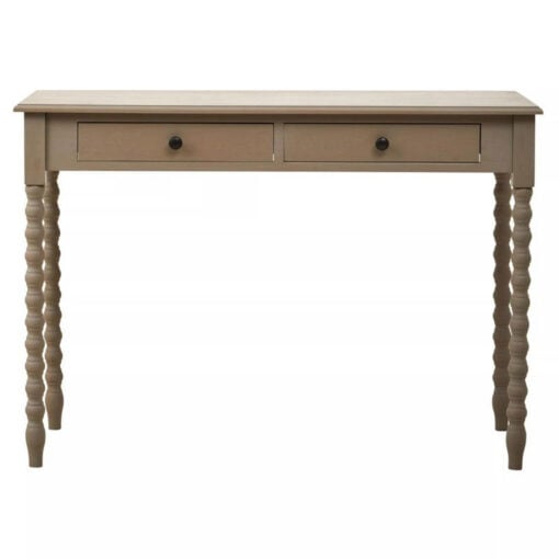 Rustic Taupe Pine Wood 2 Drawer Console Table Desk Dressing Table With Carved Legs 107cm