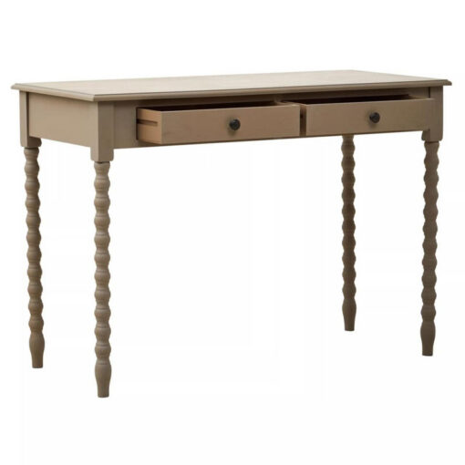 Rustic Taupe Pine Wood 2 Drawer Console Table Desk Dressing Table With Carved Legs 107cm