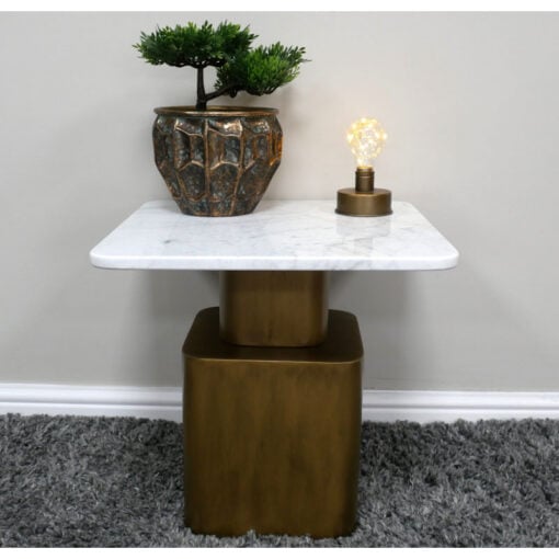 Boho Antique Gold Metal And White Marble Square Side Table